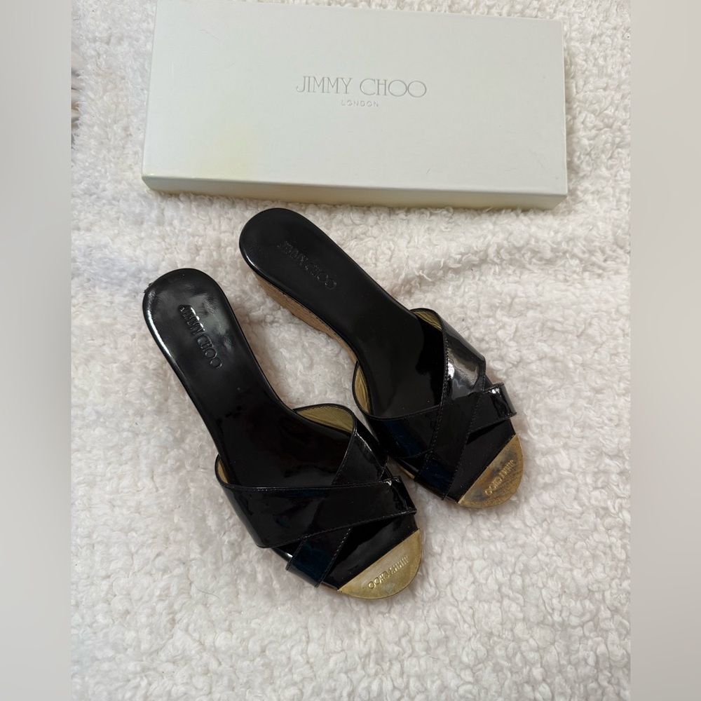 Jimmy Choo Black and Gold Panna Wedge Sandals - Picture 2 of 5
